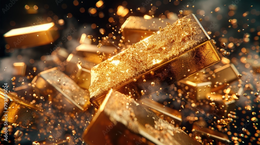 Poster A gold bars falling from above in a market crash scenario. Set the background to black. Generative AI.