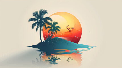 The design of a template or logo depicting a beach with palm trees on a white background.