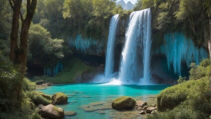 Fototapeta na wymiar Natural Wonder, Stunning Waterfall with Turquoise-Hued Flow