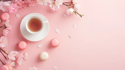 Poster 爽やかな春のピンク背景（お花とマカロンのティータイムデザイン） © 背景JAPAN