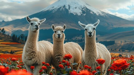Three white llamas in field, with the snow-capped volcano in the background, surrounded by classic red roses. Generative AI. - obrazy, fototapety, plakaty