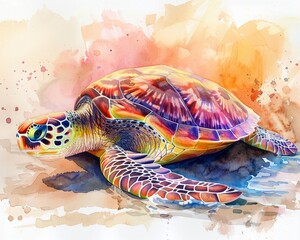 Vibrant summer turtle on a beach, watercolor in bright pastels against the sun, beautiful hand drawn - obrazy, fototapety, plakaty