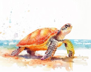 Hand drawn watercolor turtle on a sunny beach, bright pastels, serene, summer nature scene - obrazy, fototapety, plakaty