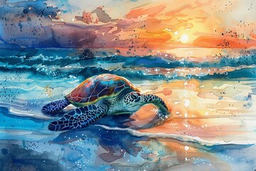Bright watercolor, turtle on a beach with sun setting, vibrant, serene, hand drawn, summer theme