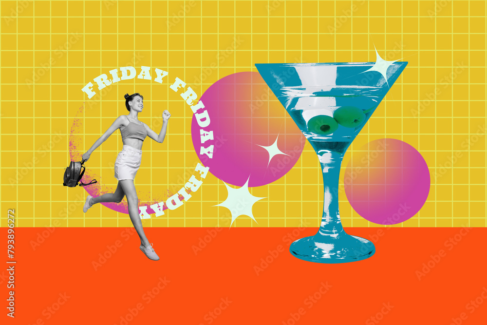 Poster Composite photo collage of happy girl run occasion party huge martini glass alcohol party relax bartender isolated on painted background