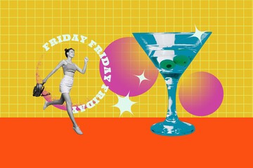 Composite photo collage of happy girl run occasion party huge martini glass alcohol party relax bartender isolated on painted background - obrazy, fototapety, plakaty