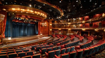Naklejka premium Casino Interiors: A photo of a casino showroom, with a stage set for a performance and audience seating