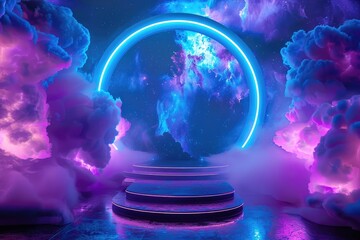 Abstract scene with neon circle, round podium and smoke on dark background. 