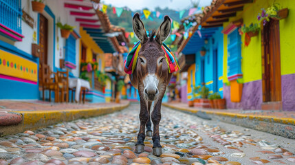 Donkey on the street of colonial city.  - obrazy, fototapety, plakaty