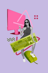 Vertical collage image picture happy joyful woman computer equipment monitor screen digital era devices drawing background