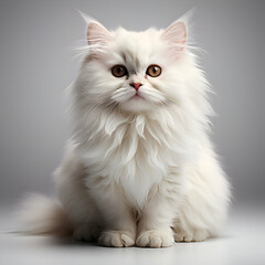 Beautiful white persian cat sitting on grey background. Studio shot.
