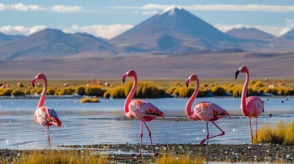 Naklejka premium High-altitude lagoon and volcanoes in Altiplano platea