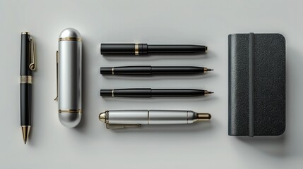 A minimalist set of essential office items including a silver stapler, black pens, and a closed...
