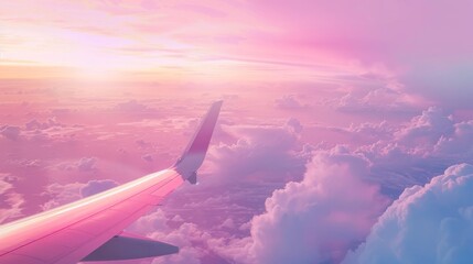 Aviation Pastel Cloud Sky Background Nature,Business Travel or Love Couple Valentine Airplane,Blue Pink Sunset on View Window Plane,Presentation for Vacation in Holidays or Valentine days,Wing Air.