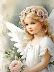 Portrait of cute little angelic girl with flowers crown on her hair. Watercolor illustration for design, greeting card, template, artwork, background