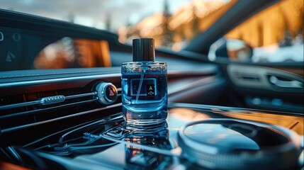Car fragrance, luxury car interior, dark blue interior color, a bottle of car fragrance in the water cup holder in the car center console. Generative AI.