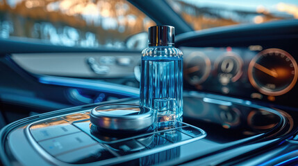 Car fragrance, luxury car interior, dark blue interior color, a bottle of car fragrance in the water cup holder in the car center console. Generative AI. - obrazy, fototapety, plakaty