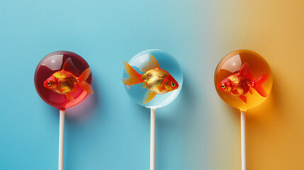 Lollipops with the gold fishes inside, on a colorful pastel background, as a flat lay photography image, simple design, minimalistic composition. 