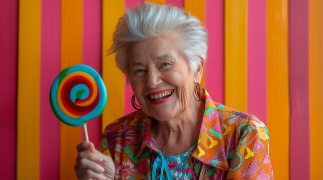 Portrait of a senior woman gray hair, with yellow lollipop, colorful background, happy, joy, pop colorism.