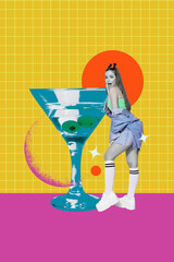Vertical photo collage of happy sexy girl stand martini alcohol glass friday occasion bar relax weekend isolated on painted background - obrazy, fototapety, plakaty