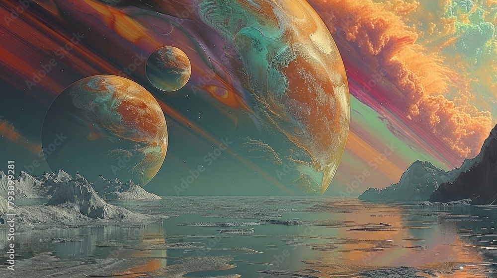 Poster a beautiful view of two alien earth like moons around a colorful gas giant. generative ai.