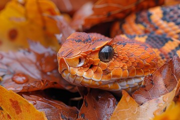 Copperhead Snake: Blending into fallen leaves with its cryptic coloration, representing camouflage