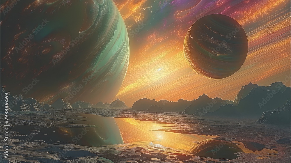 Poster a beautiful view of two alien earth like moons around a colorful gas giant. generative ai.