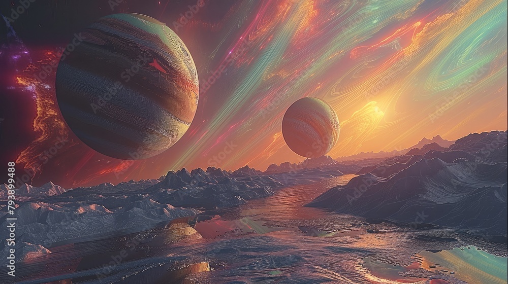Poster a beautiful view of two alien earth like moons around a colorful gas giant. generative ai.