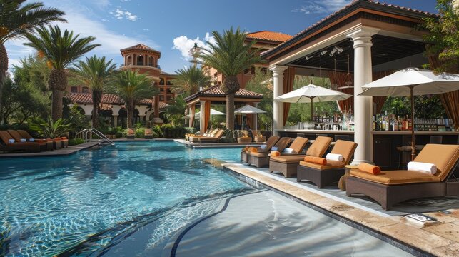 Luxury and Glamour: A photo of a casino pool area, with luxurious cabanas, a stylish bar, and sun loungers