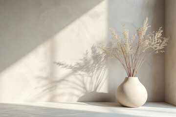 Minimalist interior decor with ceramic vase and dry plant, minimal shadows on the wall neutral