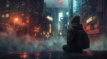 Meaningless life concept a person sitting on dark night city streets feeling dead end and no light future