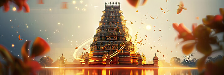 Illustration for tamil new year with temple and symbols.