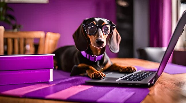 Engaged Dachshund with Glasses at Workstation A Comical Scene with Purple Painted Room