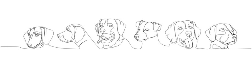 Set of dogs of hunting breeds, guard dog, service dog, companion dog one line art. Continuous line drawing of friend, dog, doggy, friendship, care, pet, animal, family, canine.