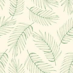 Subtle Green Palm Leaves Decorative seamless pattern. Repeating background. Tileable wallpaper print.