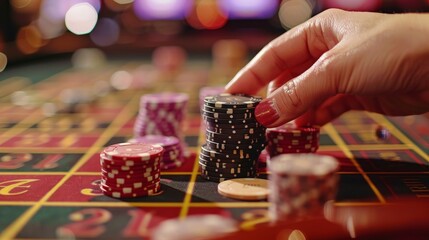 Roulette Chips: A photo of a hand placing a casino chip on a specific number on the roulette table