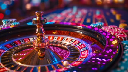 Roulette Chips: A photo of a roulette wheel with a ball landing on a number, surrounded by colorful casino chips