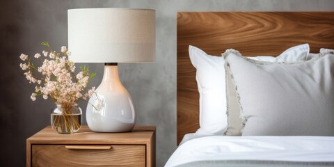 A light night lamp on the bedside table. Bedroom interior elements. Generative AI