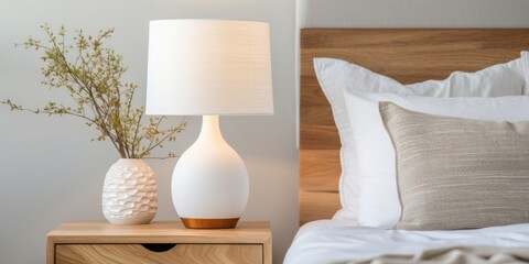 Stylish lamp on a wooden nightstand by the bed. Bedroom interior elements.