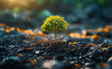 Small tree growing on the ground with sunlight