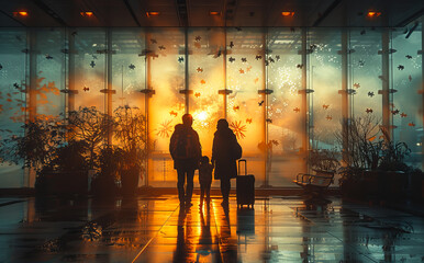 Silhouette of two people with luggage in airport