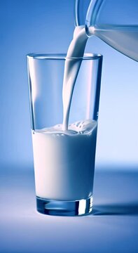 fresh milk is poured in a glas in front of a blue background. A vertical video that shows purity of milk.