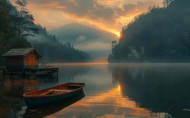 Foto op Canvas Boat and hut on the lake at sunset © Vadim