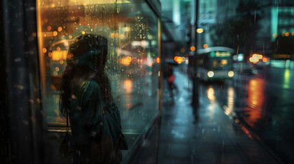 femme attendant sous la pluie  - obrazy, fototapety, plakaty