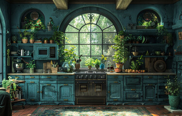 Obraz premium Retro style kitchen interior with blue walls arched window wooden countertops and vintage stove.