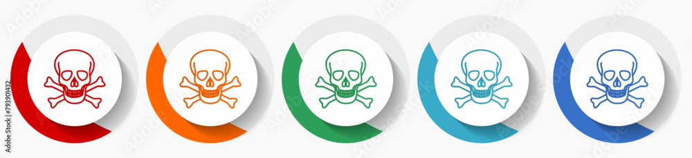 Poster skull vector icon set, flat icons for logo design, webdesign and mobile applications, colorful round