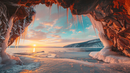 Ice cave with icicles on Baikal lake at sunset. - obrazy, fototapety, plakaty