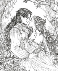 Coloring book for teenagers and adults, love fairy couple hugging in the forest