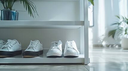 A sleek, modern minimalist home with a clean, white metal shoe rack by the door. It holds a collection of contemporary footwear including stark white sneakers. Generative AI.