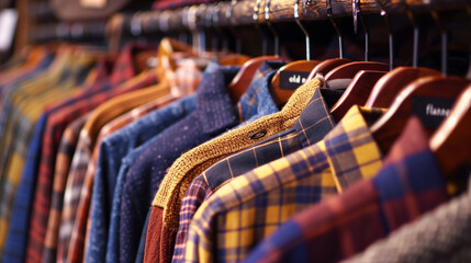 Colorful shirts hanging on hangers in a shop.  - obrazy, fototapety, plakaty